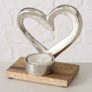 Dekoaufsteller mit Teelichthalter Mangoholz mit Herz silber