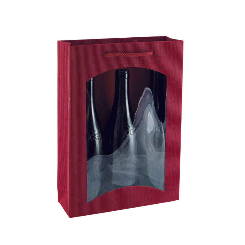 20 Stk Tragetüte 3er WELLE BORDEAUX mit FENSTER - 255 x 85 x 360 mm